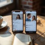 Flirten en daten in Vlaanderen: zo vind je snel een leuke match Twee smartphones tonen datingapps op een verweerd houten tafel