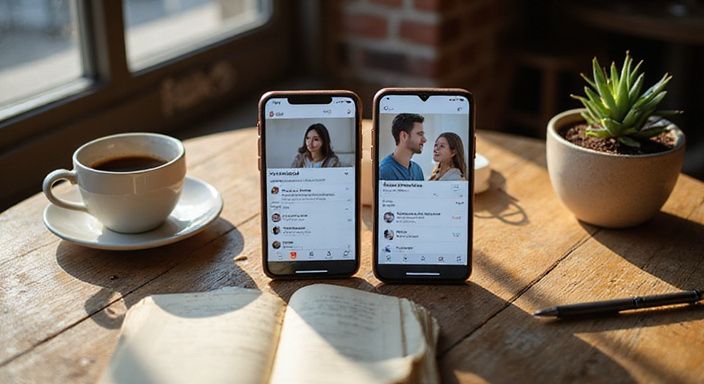 Twee smartphones tonen datingapps voor flirten en daten in Vlaanderen op een verweerd houten tafel