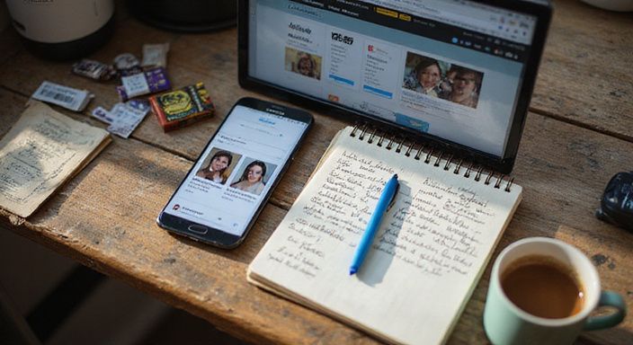 Een smartphone en laptop op een verweerd bureau met notities.