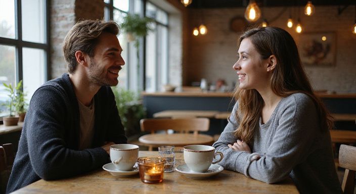 Twee mensen in een café delen een oprechte, intieme conversatie.