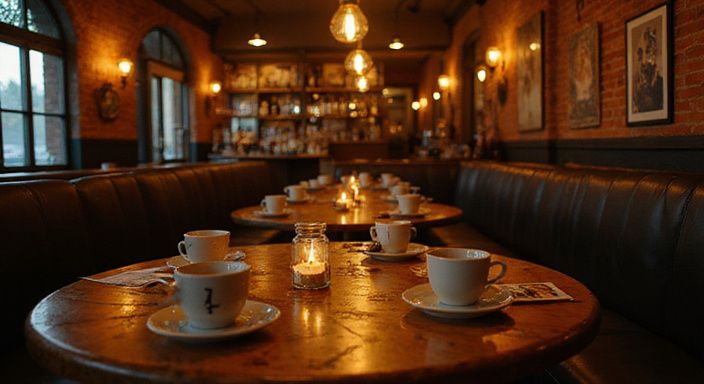 Een gezellig Belgisch café met sociale interactie en vintage decor.