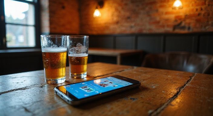 Een smartphone ligt op een tafel met vintage bierglazen eromheen.