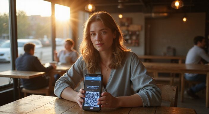 Een vrouw in een café bekijkt een datingapp voor flirten en daten in Vlaanderen op haar smartphone.