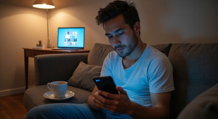 Een jongvolwassene kijkt naar een datingapp voor flirten en daten in Vlaanderen op hun smartphone.