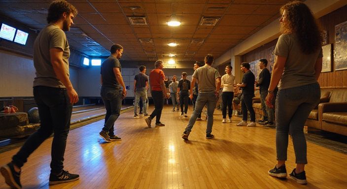 Een groep volwassenen geniet van een ontspannen avond in de bowlingbaan.