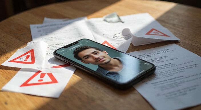 Smartphone met dating-app voor flirten en daten in Vlaanderen en waarschuwingssymbools op tafel.
