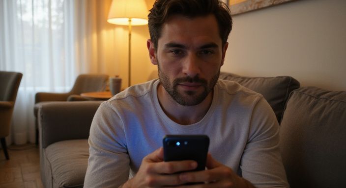 Een jongvolwassene zit ontspannen op een bank met een smartphone en zoekt naar flirten en daten in Vlaanderen.