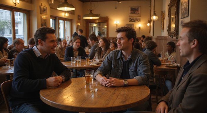 Een speeddate-evenement met volwassenen in een intieme cafésetting.