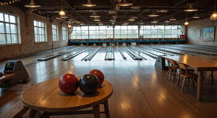 Een drukke bowlingbaan met versleten apparatuur en meubels.