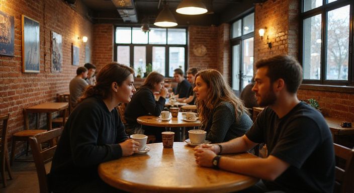 Een groep jonge volwassenen geniet van een gesprek in een café.
