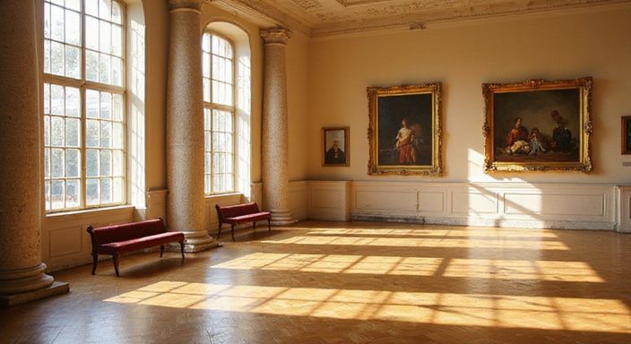 Een serene museumgalerij met Barokke schilderijen en klassieke architectuur.