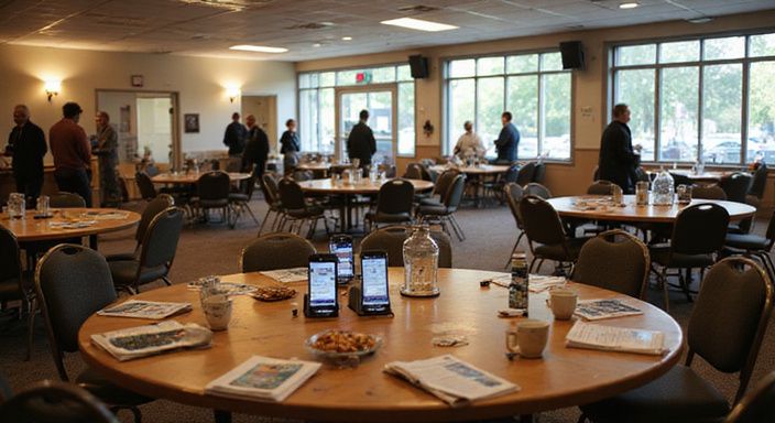 Een spontane foto van een netwerkbijeenkomst in een gemeenschapcentrum.