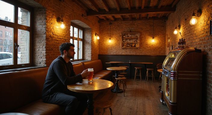 Een man geniet van een biertje in een ouderwets café.