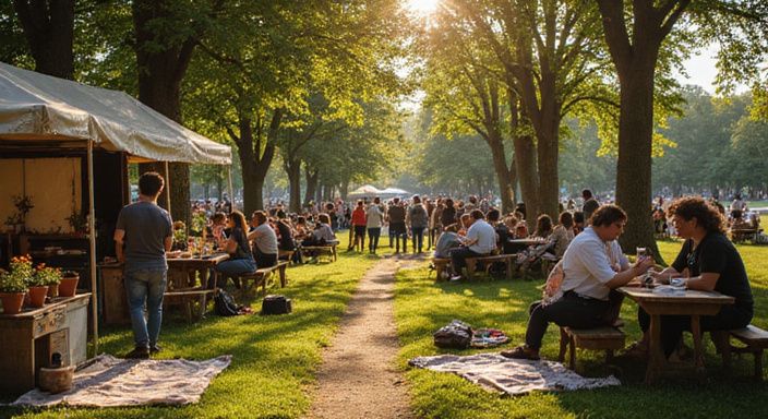 Een levendig gemeenschapsfestival met marktkraampjes en ontspannen mensen in het park.