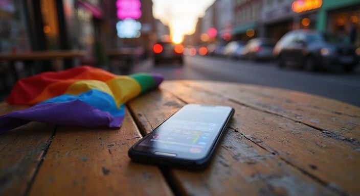 Een smartphone en een pridevlag op een cafétafel in Antwerpen.