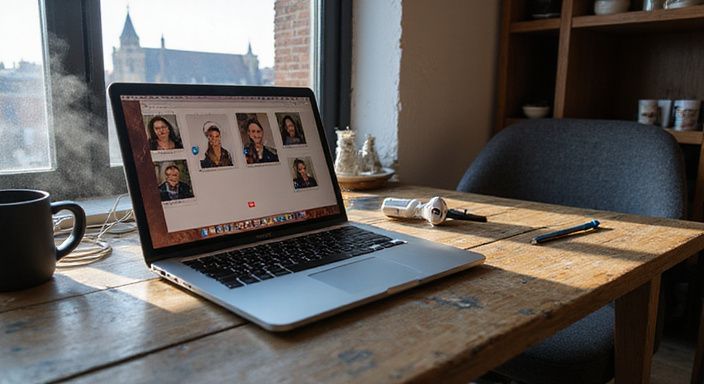 Een MacBook en iPhone op een verweerd bureau met persoonlijke spullen.