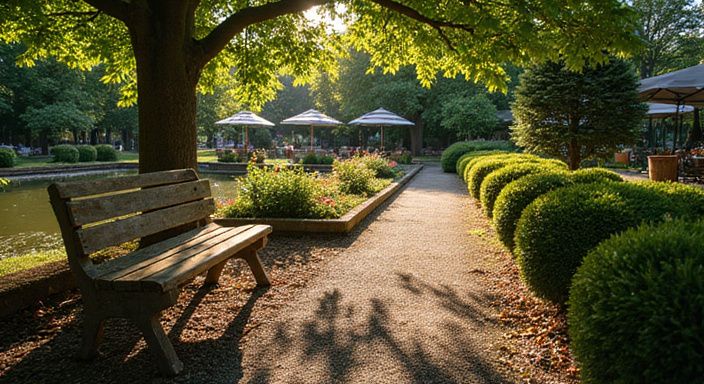 Een verouderde houten bank staat onder groene bomen naast een vijver.