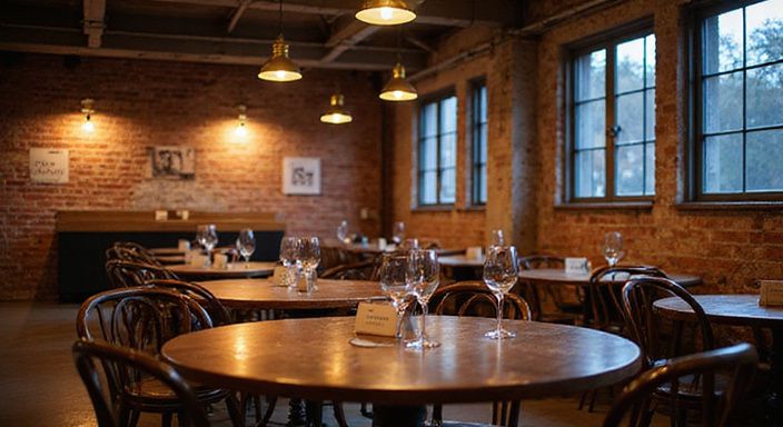 Een speed dating evenement in een sfeervolle, industriële ruimte.