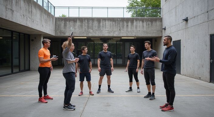 Groep volwassenen bespreekt enthousiast padel in een sportcomplex.