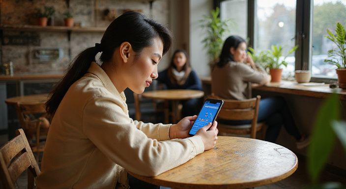 Een jonge persoon bekijkt aandachtig Google Maps in een café.