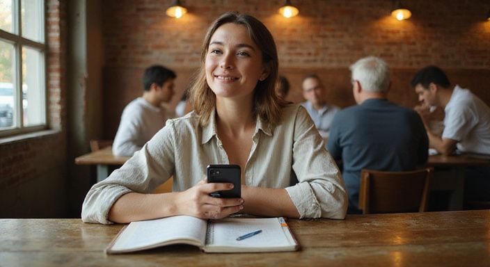 Een vrouw in een café geniet van een ontspannen moment.
