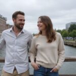 Een stel staat ontspannen bij een houten reling aan de Schelde