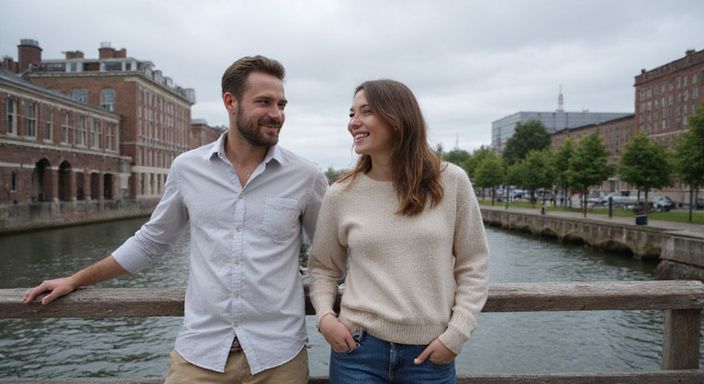 Een stel staat ontspannen bij een houten reling aan de Schelde. Een stel staat ontspannen bij een houten reling aan de Schelde en wil flirten en daten in Antwerpen.