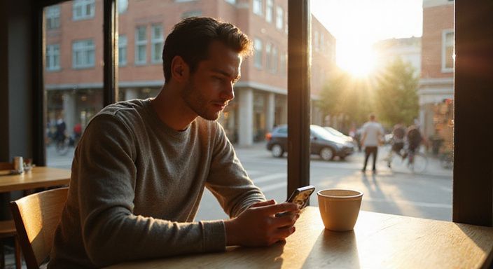 Een persoon in een café kijkt geconcentreerd naar een datingapp. Een persoon in een café kijkt geconcentreerd naar een datingapp voor flirten en daten in Antwerpen.