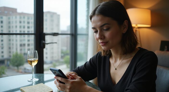 Een vrouw in een urban appartement tijdens een videochat. Een vrouw in een urban appartement tijdens een videochat voor flirten en daten in Antwerpen.