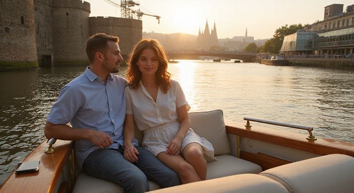 Een paar geniet van een romantische boottocht op de Schelde. Een paar geniet van een romantische boottocht op de Schelde.