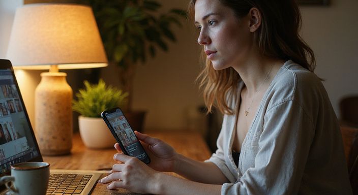 Een vrouw overweegt haar opties op een datingapp op haar telefoon. Een vrouw overweegt haar opties op een datingapp voor flirten en daten in Antwerpen op haar telefoon.