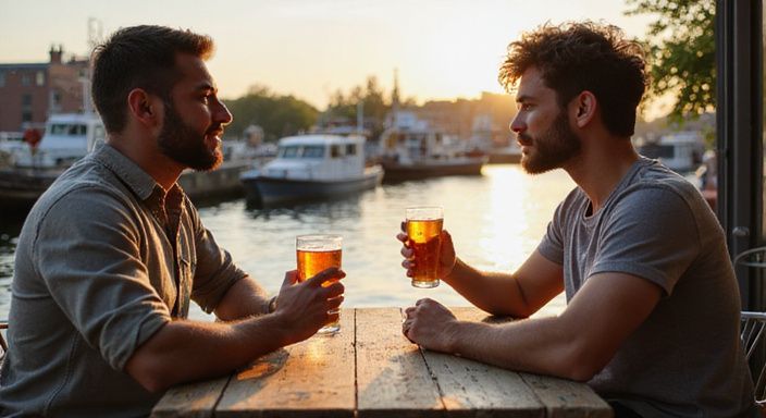 Twee vrienden genieten van Belgische bieren op een terras. Twee vrienden genieten van Belgische bieren op een terras.