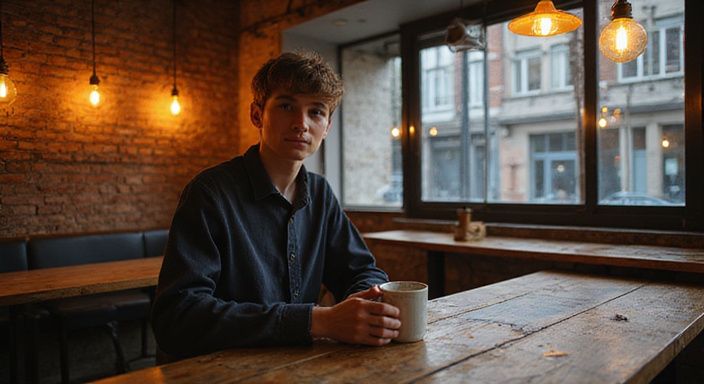Een jonge volwassene geniet van een kopje koffie in een café. Een jonge volwassene geniet van een kopje koffie in een café.