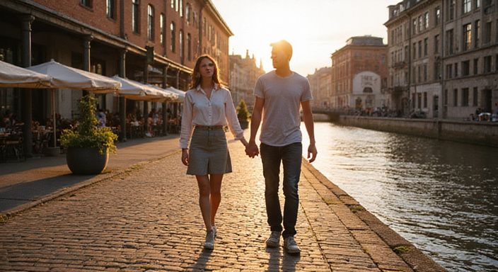 Een jong stel wandelt hand in hand over de kasseien. Een jong stel wandelt hand in hand over de kasseien en gaat flirten en daten in Antwerpen.