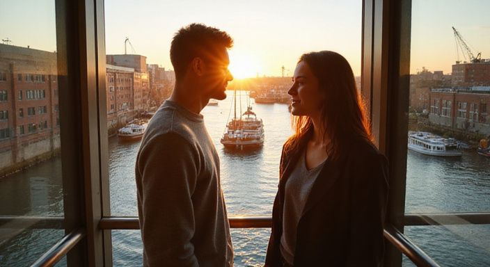 Twee volwassenen delen een moment in een moderne glazen lift. Twee volwassenen delen een moment in een moderne glazen lift.