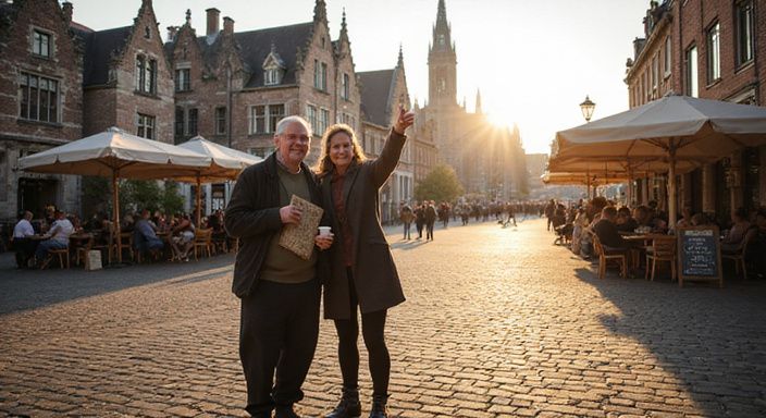 Twee volwassenen ontdekken een historische stad met middeleeuwse architectuur. Twee volwassenen ontdekken een historische stad met middeleeuwse architectuur en willen flirten en daten in Antwerpen.