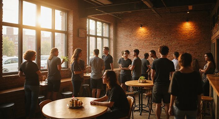 Een groep jonge volwassenen geniet van een ontspannen gesprek in een trendy locatie. Een groep jonge volwassenen geniet van een ontspannen gesprek over flirten en daten in Antwerpen in een trendy locatie.