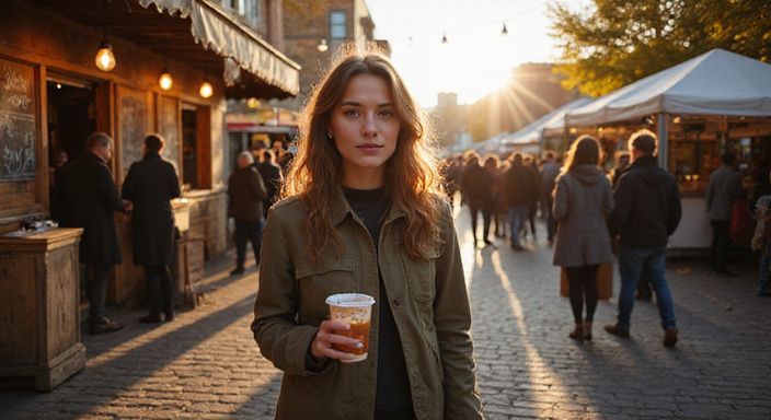 Een vrouw geniet op een herfstfoodfestival bij het water. Een vrouw geniet op een herfstfoodfestival bij het water.
