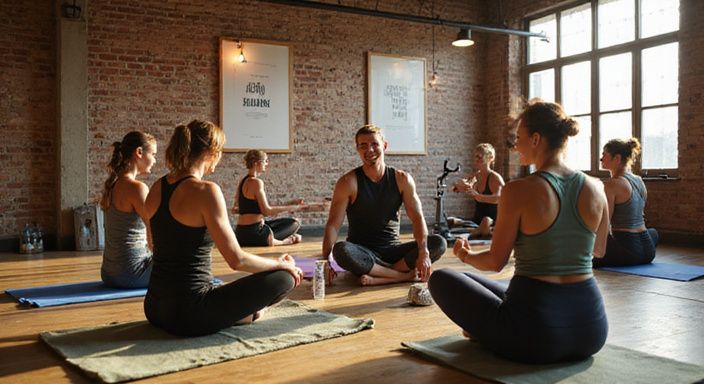 Groep volwassenen in een gymstudio tijdens een fitnessles. Groep volwassenen in een gymstudio tijdens een fitnessles.
