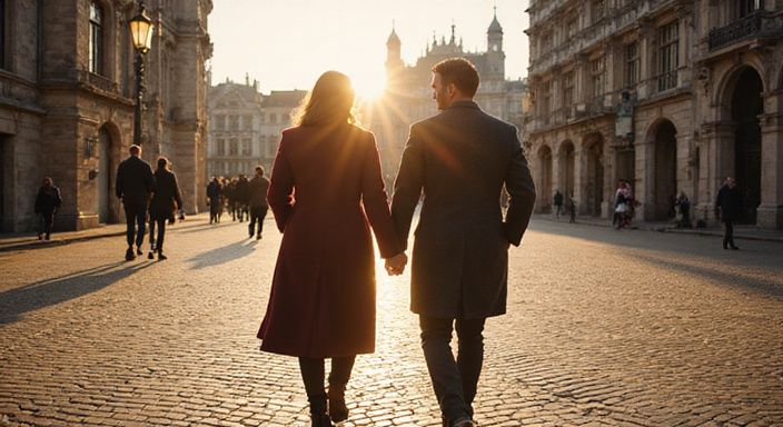 Een stel wandelt hand in hand over de Grote Markt in Brussel.