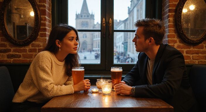 Twee mensen genieten van een intiem gesprek in een Belgische bar.