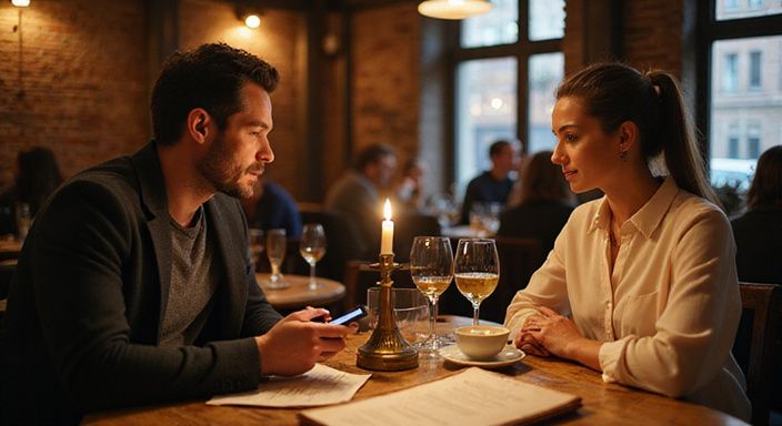 Twee mensen in een brasserie delen een intiem gesprek over flirten en daten in Limburg.