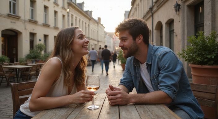Een vrouw en man genieten van een ontspannen moment op een terras en gan flirten en daten in Limburg.