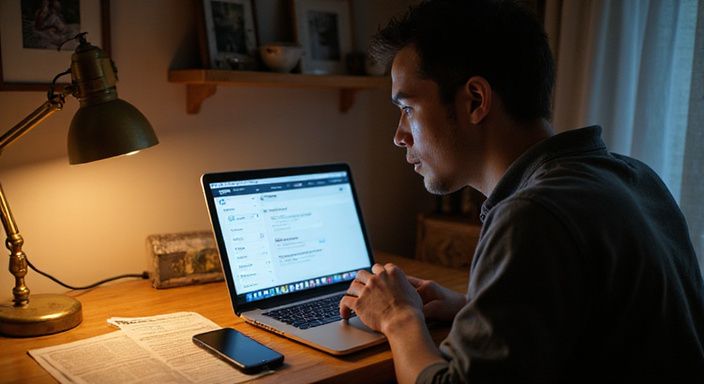 Een persoon bestudeert een datingapp voor flirten en daten in Limburg op een laptop in een studio.