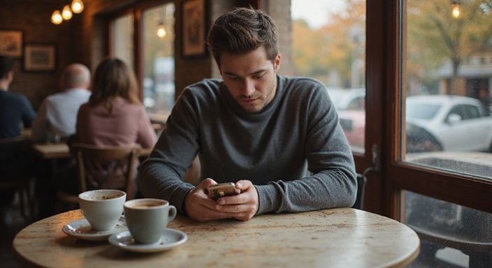 Een jongvolwassene verdiept zich in een datingapp voor flirten en daten in Limburg in een café.