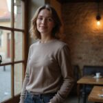 Een vrouw glimlacht oprecht in een traditionele Europese café