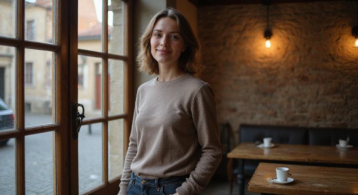 Een vrouw glimlacht oprecht in een traditionele Europese café en wil flirten en daten in Limburg.