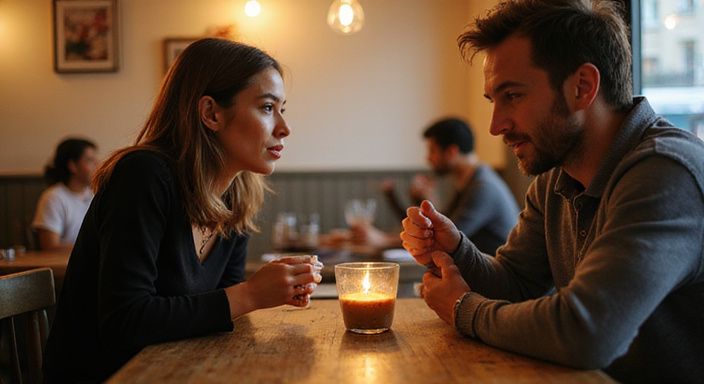 Twee volwassenen delen een intiem gesprek over flirten en daten in Limburg in een café.