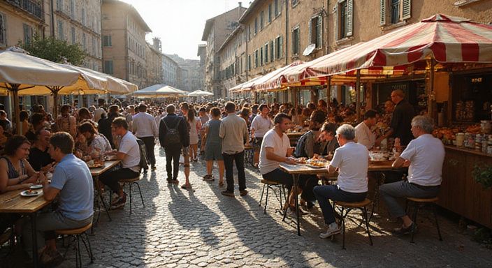 Een levendig stadsfestival met diverse bezoekers en gezellige marktkramen.