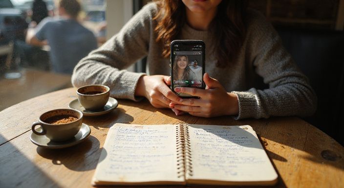 Een vrouw bekijkt een datingapp op haar smartphone in een café.